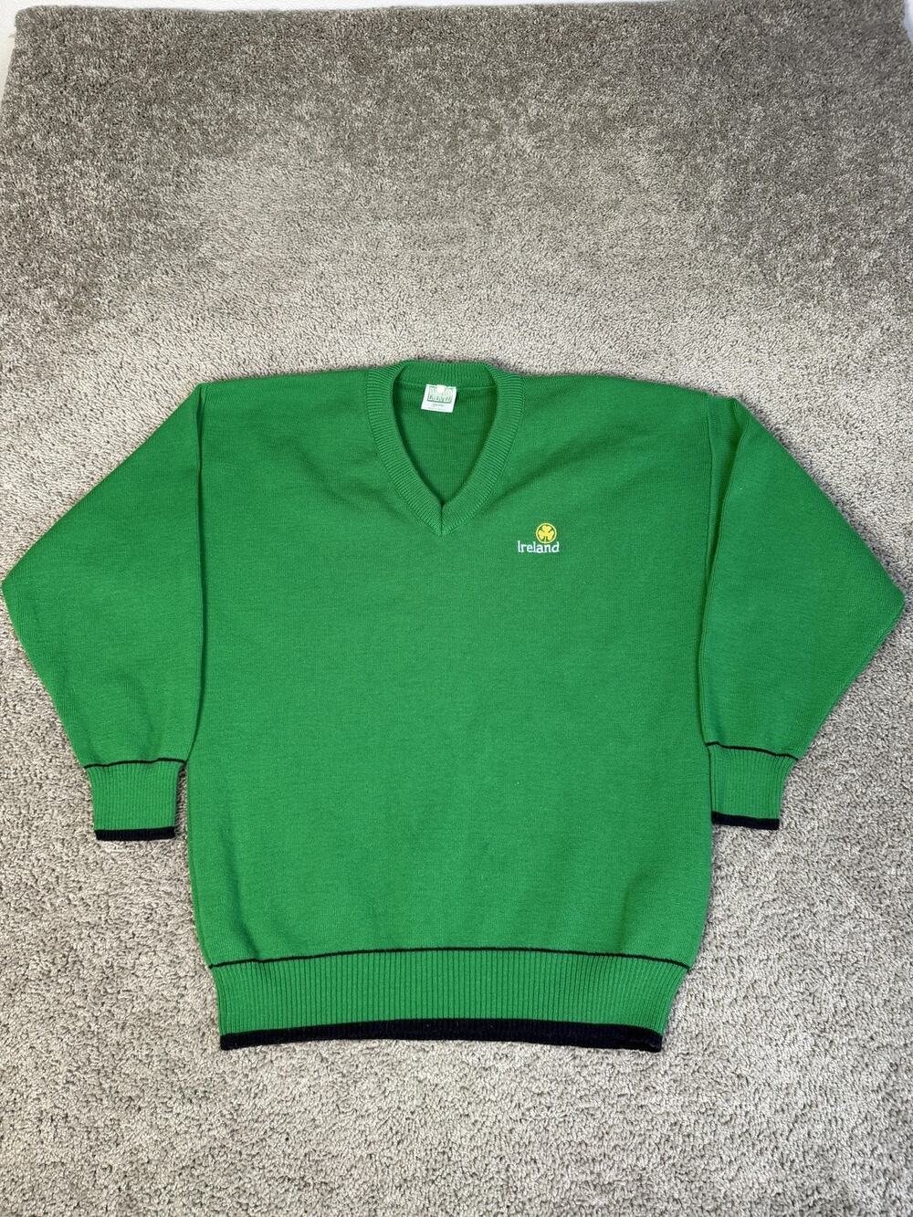 Vintage Emerald Sports Sweater Mens L V-Neck 100% Acrylic Embroidered Ireland